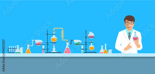 Chemist in chemical laboratory. Flat vector background. Cartoon horizontal banner. Man scientist in white coat holds flask with new medicine near pharmaceutical equipment. Medical research concept