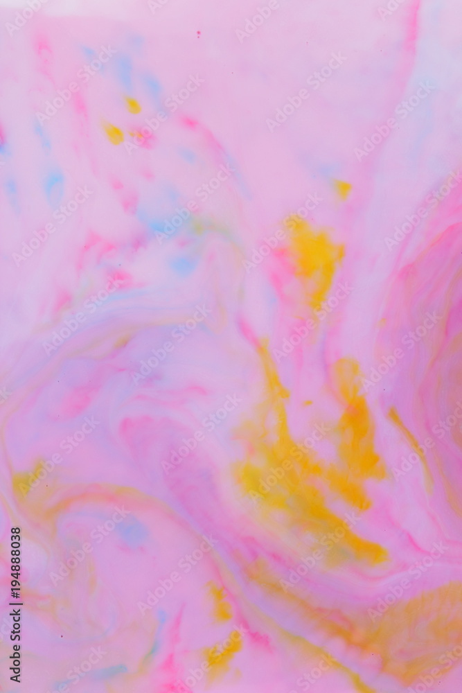 Abstract multicolored background, pink watercolor pattern, colored holographic stains on liquid, texture of pop art, minimalistic background for designer, holographic paint in liquid