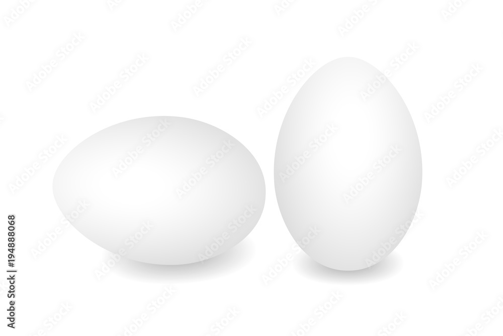 Two Realistic eggs. White chicken eggs. Vector 3D eggs with shadows on white background. Template Easter eggs, food concept. AI10
