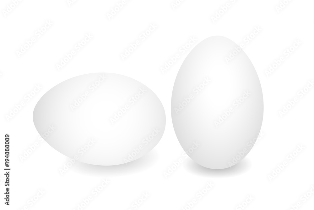 Two Realistic eggs. White chicken eggs. Vector 3D eggs with shadows on white background. Template Easter eggs, food concept. AI10 Two Realistic eggs. White chicken eggs. Vector 3D eggs with shadows on white background. Template Easter eggs, food concept. AI10