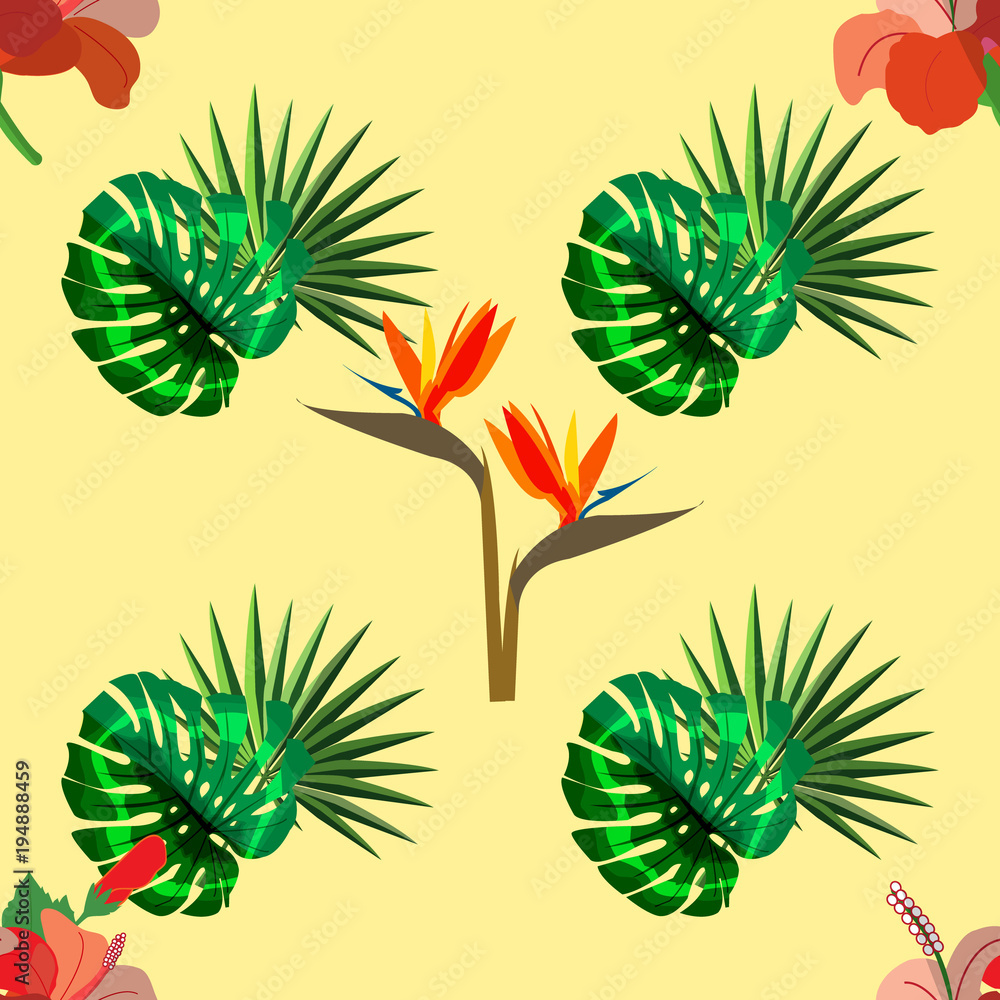 Exotic seamless hand drawn Botanical vector pattern with green palm leaves and exotic plants , vector illustration
