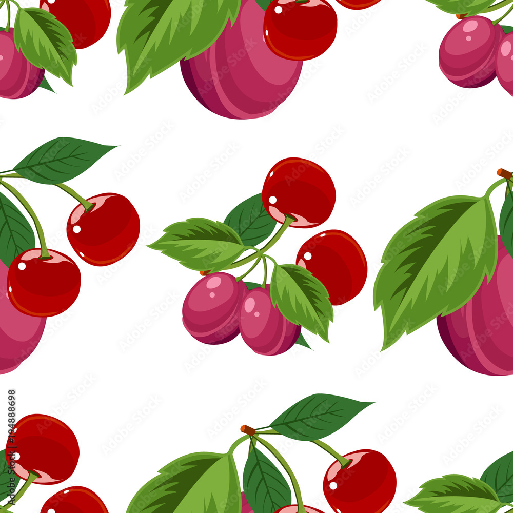 Hand drawn cherry and plum seamless pattern on white background, vector illustration Hand drawn cherry and plum seamless pattern on white background, vector illustration