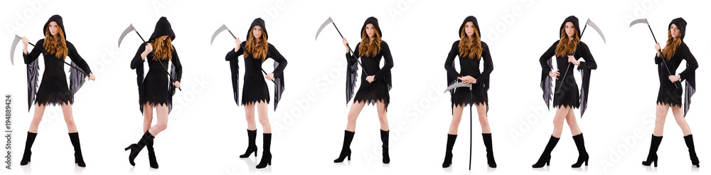 Young witch with scythe isolated on white Young witch with scythe isolated on white