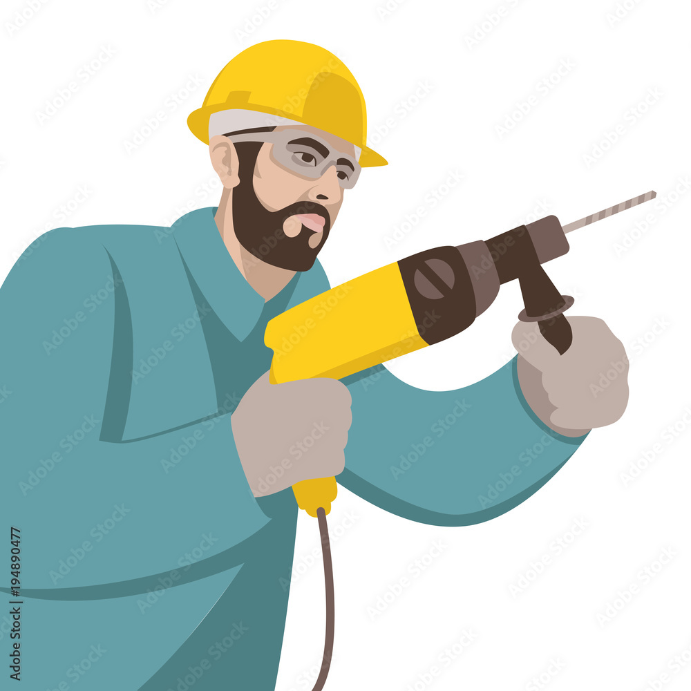 worker drill in helmet vector illustration flat style profile worker drill in helmet vector illustration flat style profile