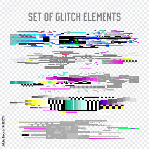 Glitch Effect Elements Set. TV Distortion, Digital Noise Abstract Design, Decay Signal, Screen Pixel illustration, Monitor Problems. Vector