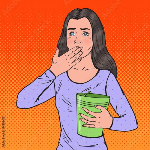 Pop Art Sick Woman Throwing Up. Unhealthy Feeling Girl. Panic Attack, Stomach Ache. Vector illustration