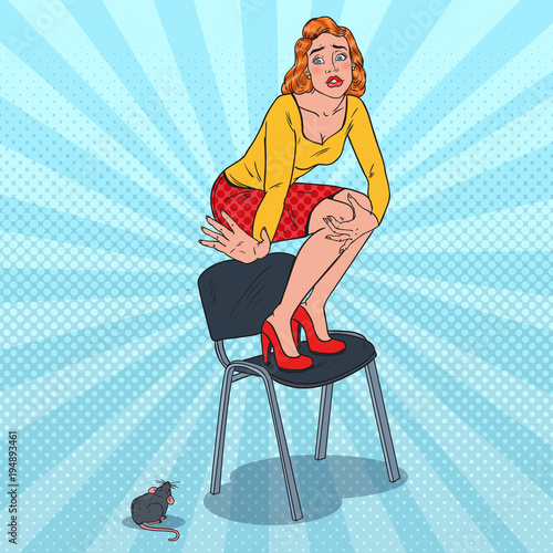 Pop Art Unhappy Young Woman Scared by the Mouse. Female Phobia of Rodent. Vector illustration