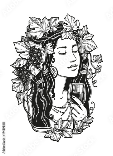 Woman with grapes and wine.