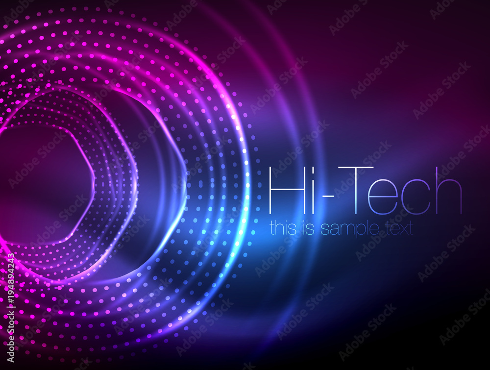 Magic neon circle shape abstract background, shiny light effect template for web banner, business or technology presentation background or elements, vector illustration