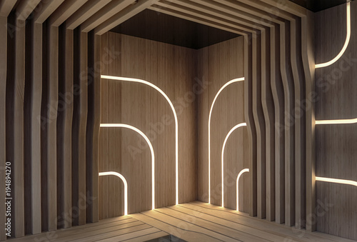 Modern, wooden sauna with a LED lighting panels