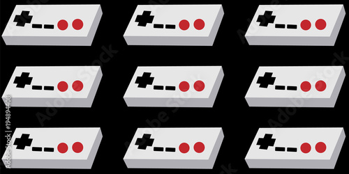 A pattern of black and white and black old retro vintage hipster joysticks, manipulators, consoles from the 80's, 90's for a game console for video games on a black background. Vector seamless 