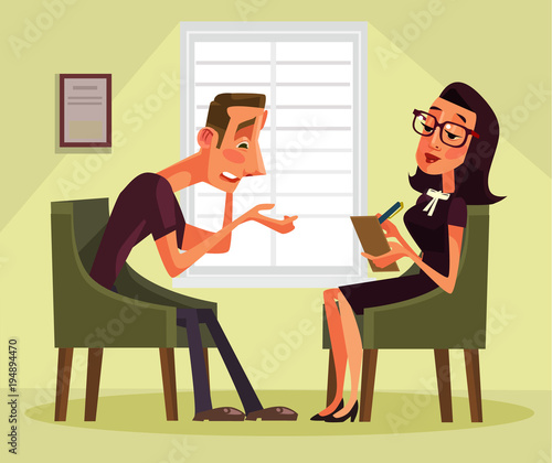 Man having psychologist consultation. Vector flat cartoon illustration