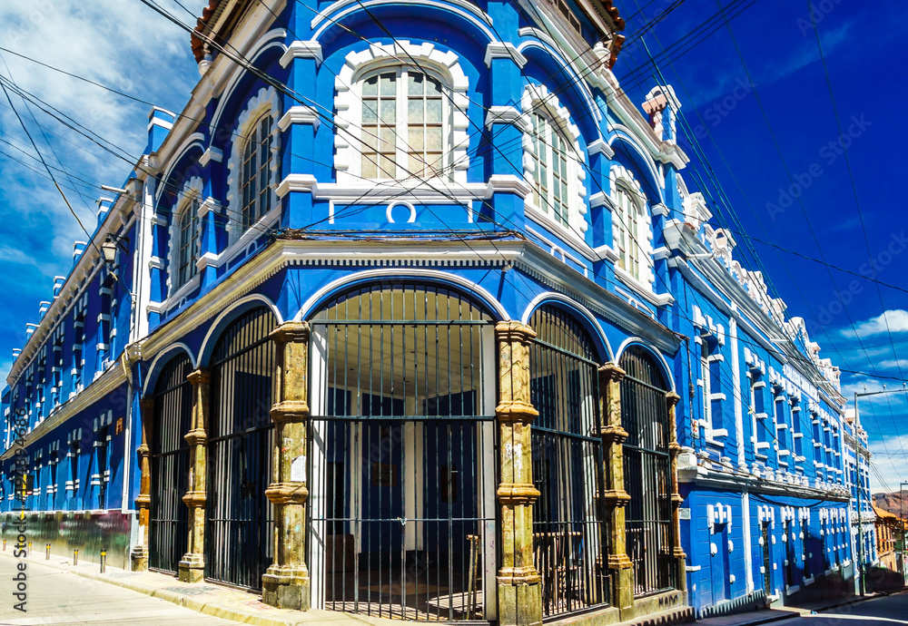 View on blue colonial building in the old town of Bolivia
