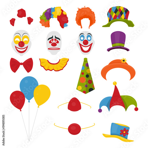 Vector Party Birthday or 1th april - Fool s Day - photo booth props. Hats, wigs, neckties, clown noses, masks, balloons and cylinder icon set isolated on white background. Clipart, design templates