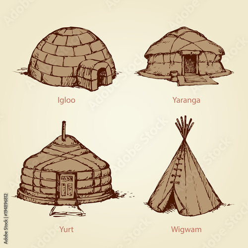 Ethnic homes of different nations. Vector drawing