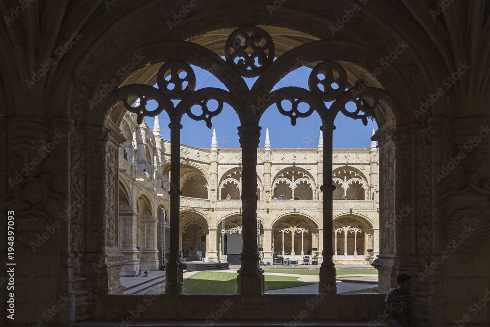 interior courtyard in the cloister of the Jerónimos monastery in Lisbon, Portugal, Europe