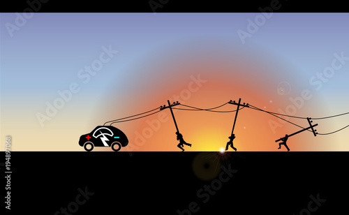 Vector Illustration of electric vehicle at sunrise. Trekking e-car line silhouette with electricity flash lighting thunderbolt sign. Running workers carry the poles. Joke