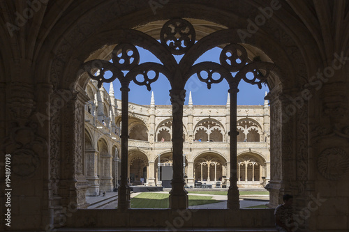 interior courtyard in the cloister of the Jerónimos monastery in Lisbon, Portugal, Europe