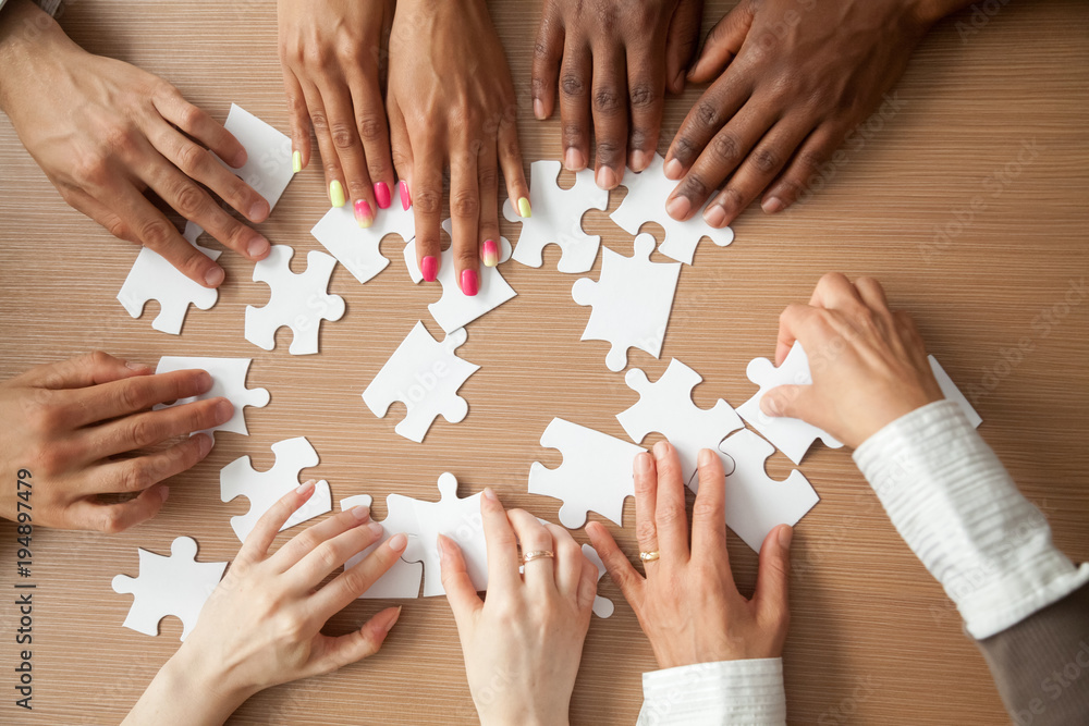 Hands of diverse people assembling jigsaw puzzle, african and caucasian  team put pieces together searching for right match, help support in  teamwork to find common solution concept, top close up view Stock