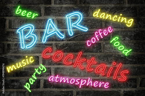 neon sign word cloud illustration with words in different colors describing a cocktail night bar