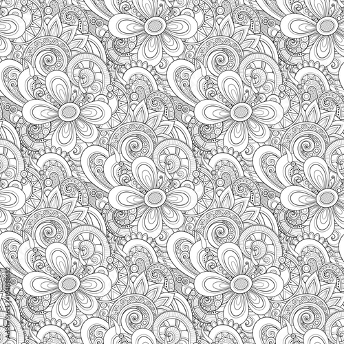 Monochrome Seamless Pattern with Floral Motifs. Endless Texture with Flowers  Leaves etc. Natural Background in Doodle Line Style. Coloring Book Page. Vector Contour Illustration. Abstract Art