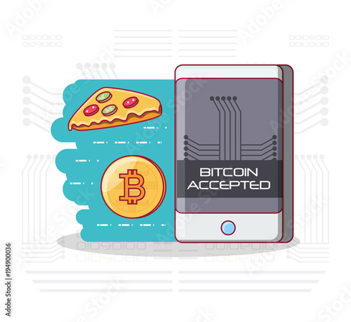 Bitcoin accepted design with smartphone and bitcoin coin and pizza over blue and white background, colorful design vector illustration