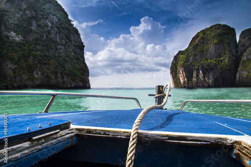 Amazing view of a yatch on maya bay  Thailand.An exotic place.