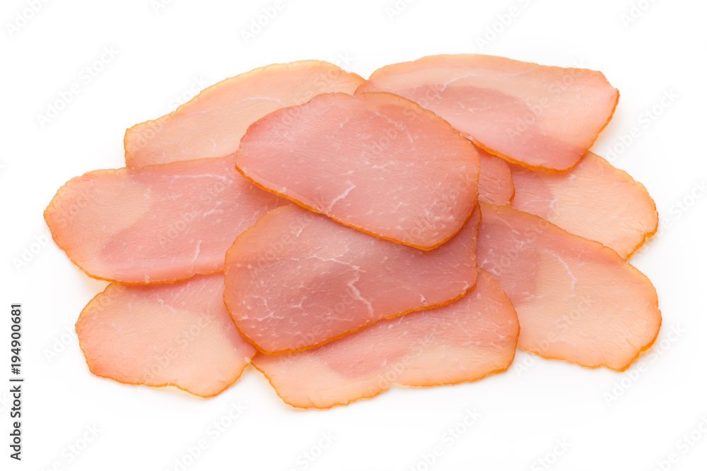 Sliced boiled ham sausage isolated on white background, top view. Sliced boiled ham sausage isolated on white background, top view.