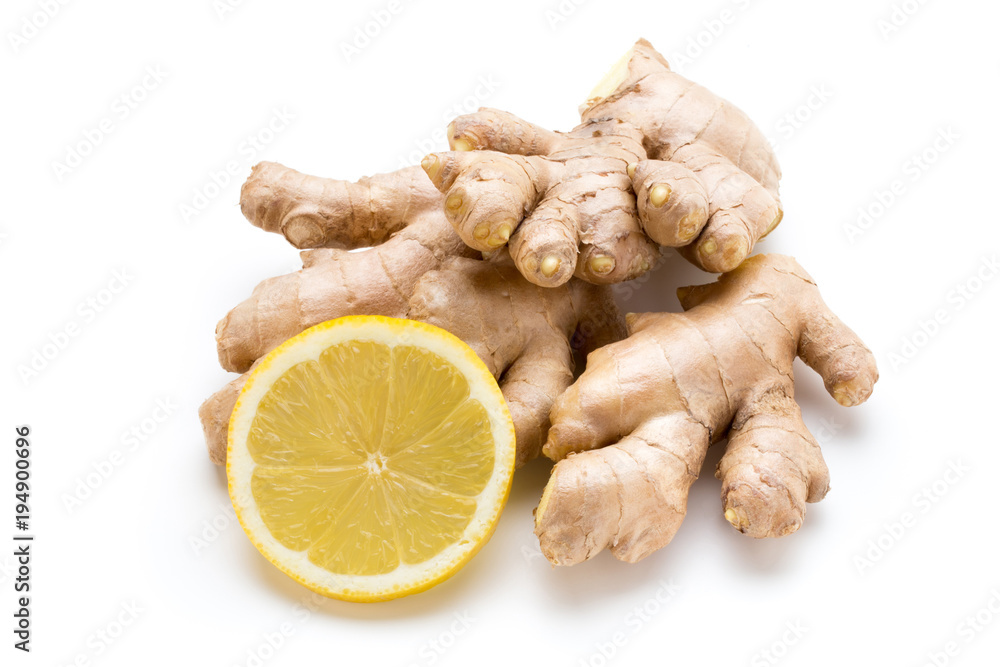 Ginger bio and lemon on white background.