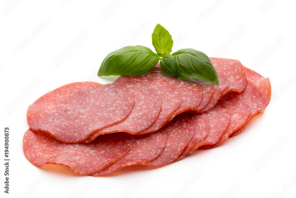 Salami slices isolated on white background. Salami slices isolated on white background.