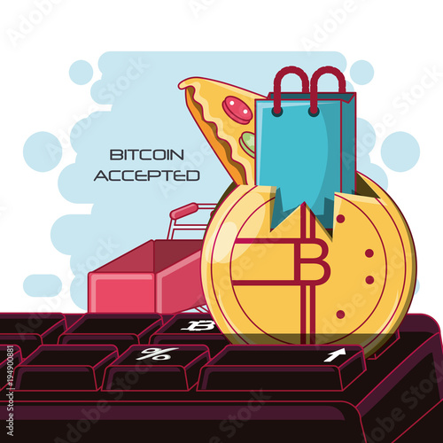 Bitcoin accepted with shopping related icons and bitcoin coin over white background, colorful design vector illustration