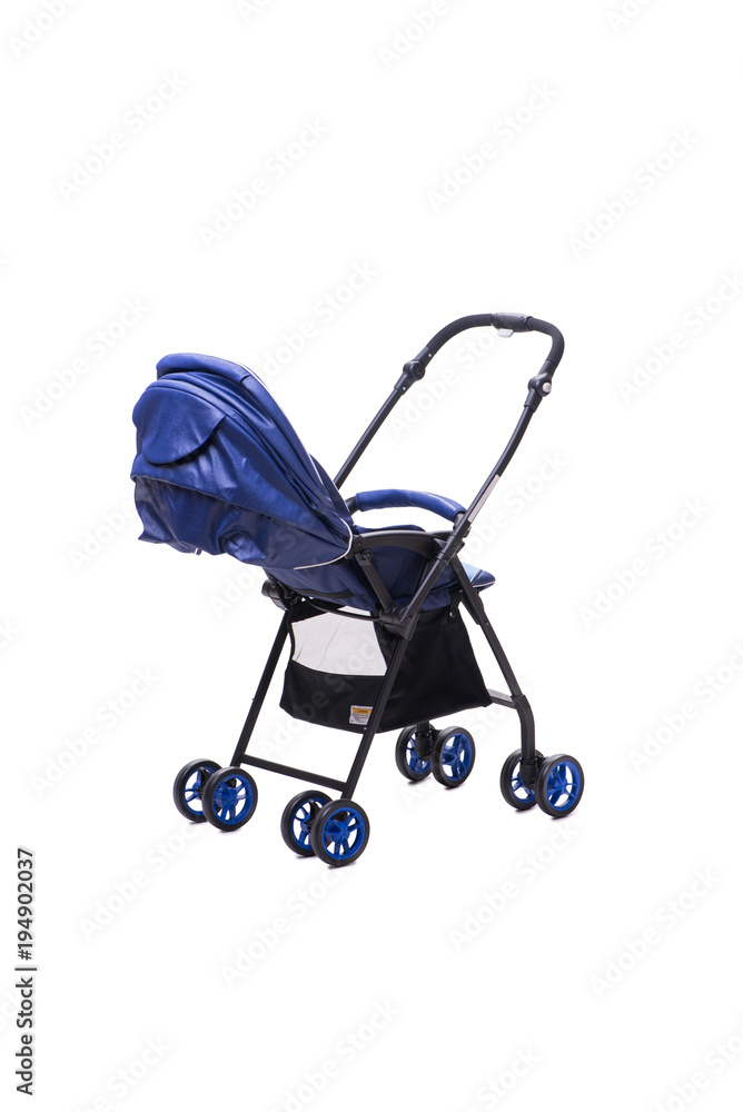 Blue pushchair isolated on white background