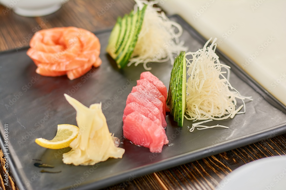 Sashimi salmon and sashimi tuna. Japanese food sashimi set. Delicious seafood in japanese restaurant.