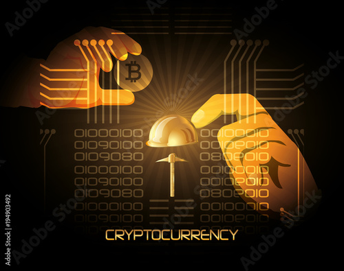 hands with bitcoin coin and pickaxe icon over black background, colorful design vector illustration