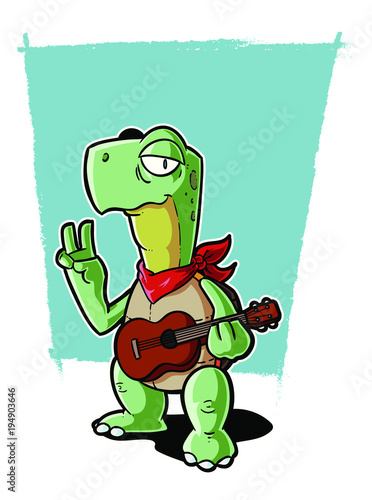A surfer turtle with a ukulele