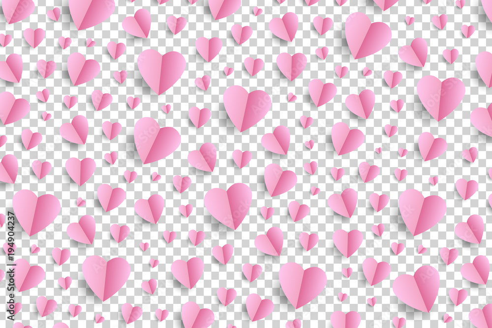 Vector realistic isolated pink origami hearts for decoration and covering on the transparent background.
