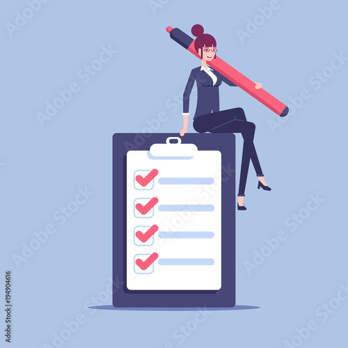 A young businesswoman sits on a giant checklist with a large marker in her hand. Office female employee is happy that she fulfilled all the items in the checklist vector flat illustration.