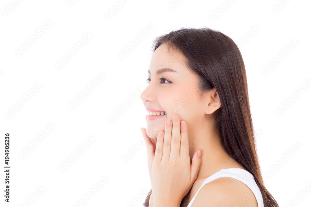 Portrait of beautiful asian woman makeup of cosmetic, girl hand touch cheek and smile attractive, face of beauty perfect with wellness isolated on white background with skin healthcare concept. Portrait of beautiful asian woman makeup of cosmetic, girl hand touch cheek and smile attractive, face of beauty perfect with wellness isolated on white background with skin healthcare concept.