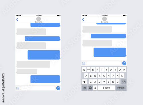 Smartphone with messaging sms app. Chat app template whith mobile keyboard. Social network concept. Vector illustration. photo