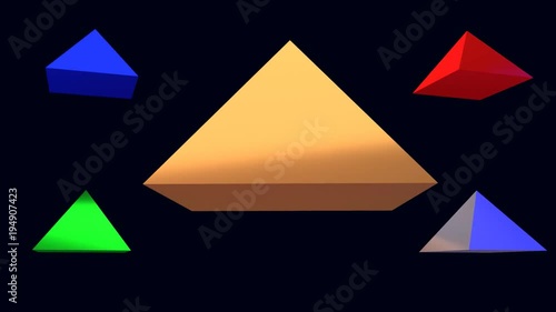 3D-Rendering von fünf schwebenden, rotierenden, glänzenden Pyramiden