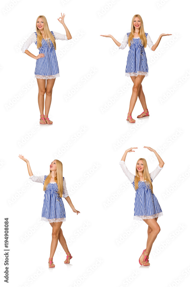 Caucasian woman in plaid blue dress isolated on white Caucasian woman in plaid blue dress isolated on white