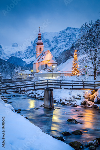Church of Ramsau in winter twilight, Bavaria, Germany