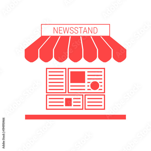 Newsstand, News Stall Single Flat Vector Icon. Striped Awning and Signboard