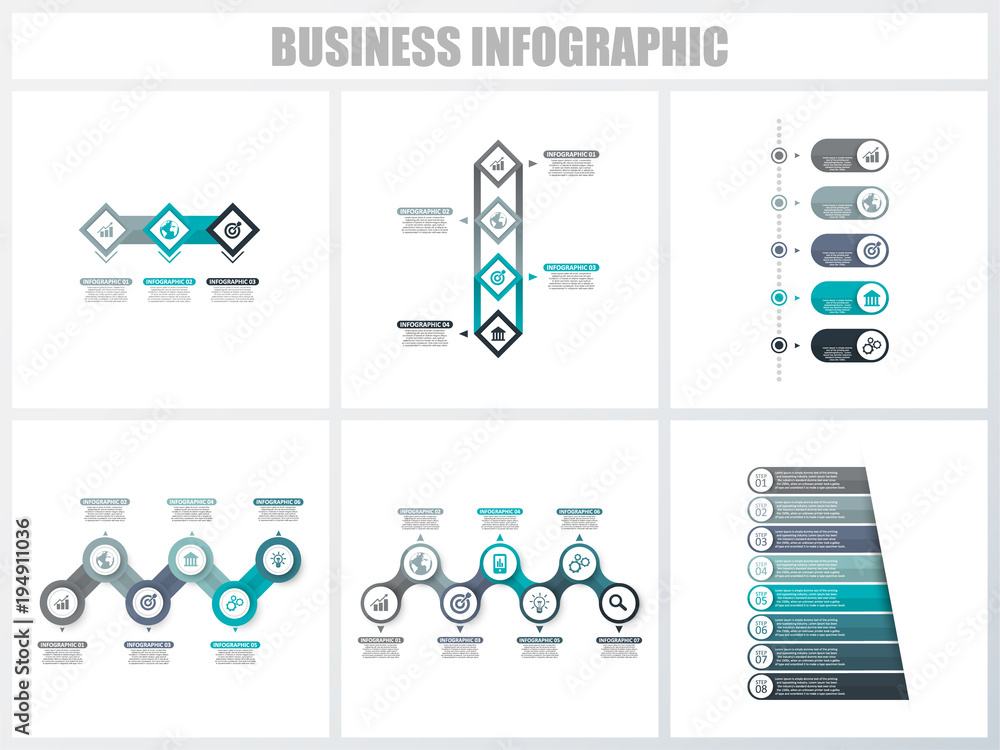 Abstract infographics number options template 3, 4, 5, 6, 7, 8. Vector illustration. Can be used for workflow layout, diagram, strategy business step options, banner and web design set.