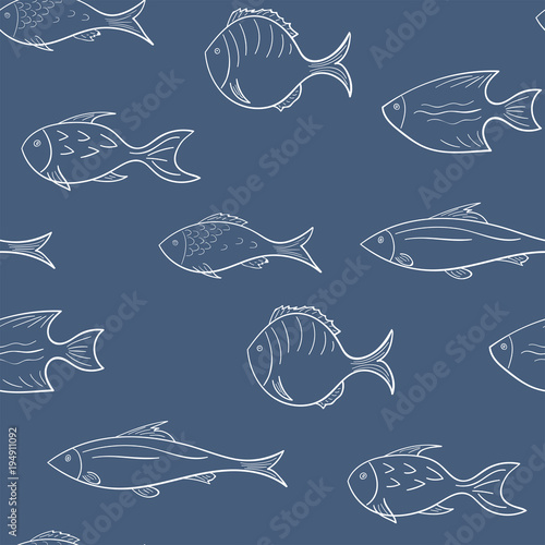 Seamless pattern with white fish on a blue background. Vector.