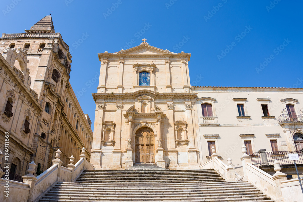 Facade and stairway of the Church of San Francesco d'Assisi at the Immacolata di Noto, in Sicily