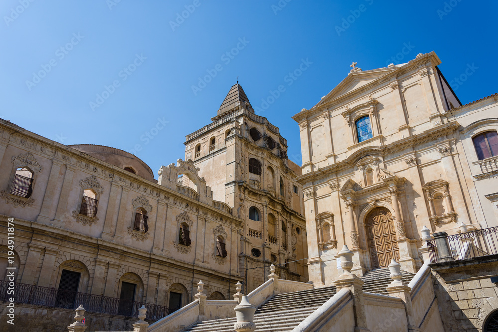 Facade and stairway of the Church of San Francesco d'Assisi at the Immacolata di Noto, in Sicily