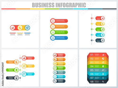 Abstract infographics number options template 3, 4, 5, 6, 7, 8. Vector illustration. Can be used for workflow layout, diagram, strategy business step options, banner and web design set.