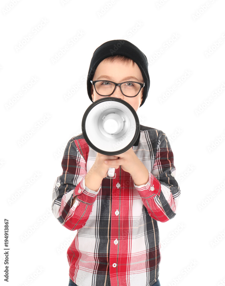 Fototapeta premium Cute little boy with megaphone on white background
