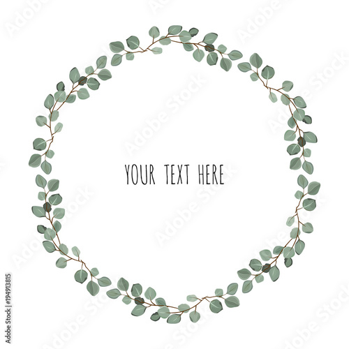 vector frame made of eucalyptus branches on white background. Flat lay, top view